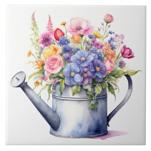 Watercolor Watering Can with Garden Flowers  Tile (Front)