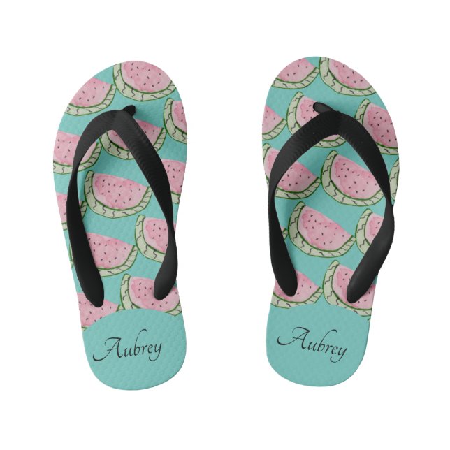 Watercolor Watermelon Doodles Painted Pattern Name Kid's Flip Flops (Footbed)
