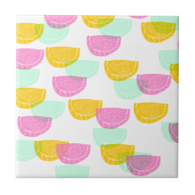 Watercolor Watermelon Pink Green Yellow Pattern   Tile (Front)