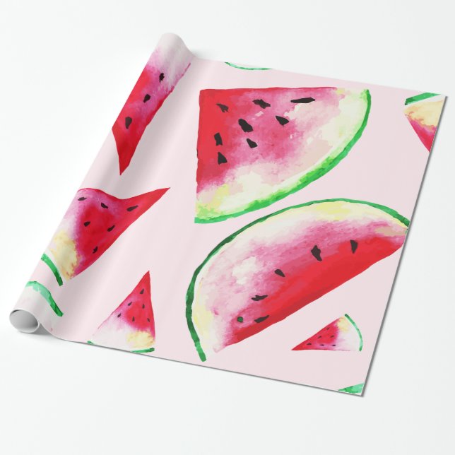 Watercolor Watermelon Slice Pattern Wrapping Paper (Unrolled)