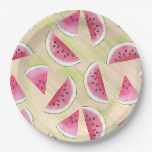 Watercolor Watermelon Slices Paint Brush Strokes Paper Plate