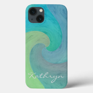 Watercolor Wave Turquoise Green Personalized Art iPhone 13 Case