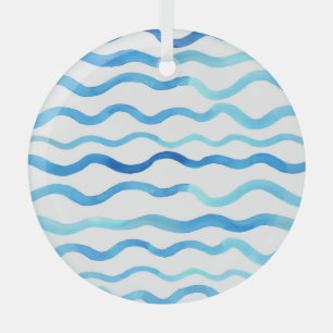 Watercolor Waves: Blue Turquoise Seamless. Glass Ornament