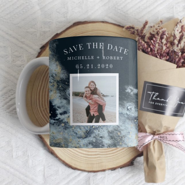 Watercolor Waves Coastal Save The Date Photo Coffee Mug (Creator Uploaded)