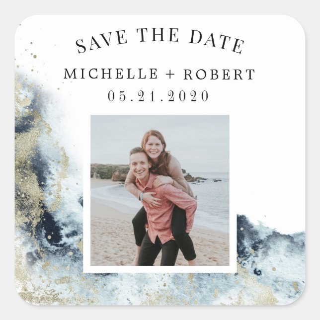 watercolor waves coastal save the date photo square sticker (Front)