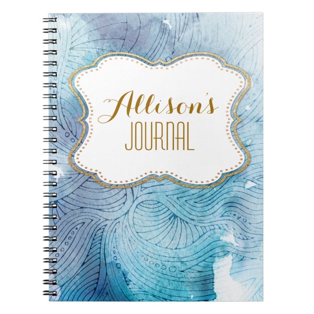 Watercolor waves ocean blue purple painted notebook (Front)