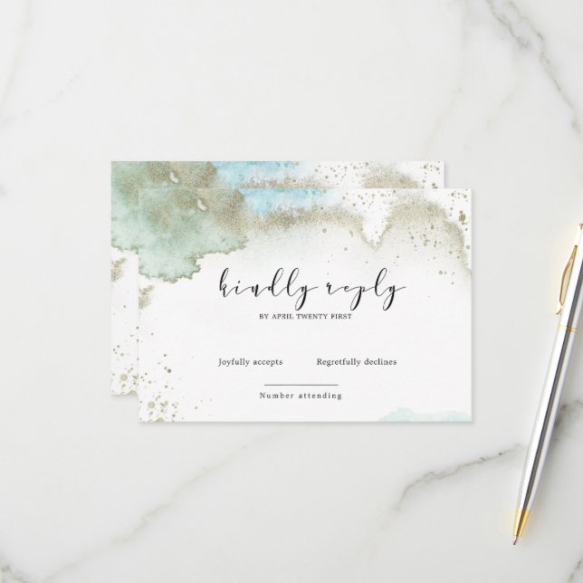 Watercolor Waves Pastel Elegant RSVP Card (Front/Back In Situ)