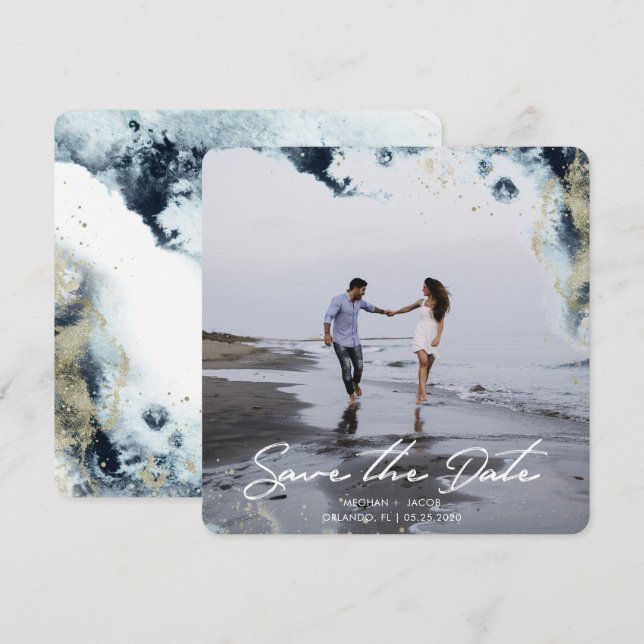 Watercolor Waves Photo Save the Date Card (Front/Back)