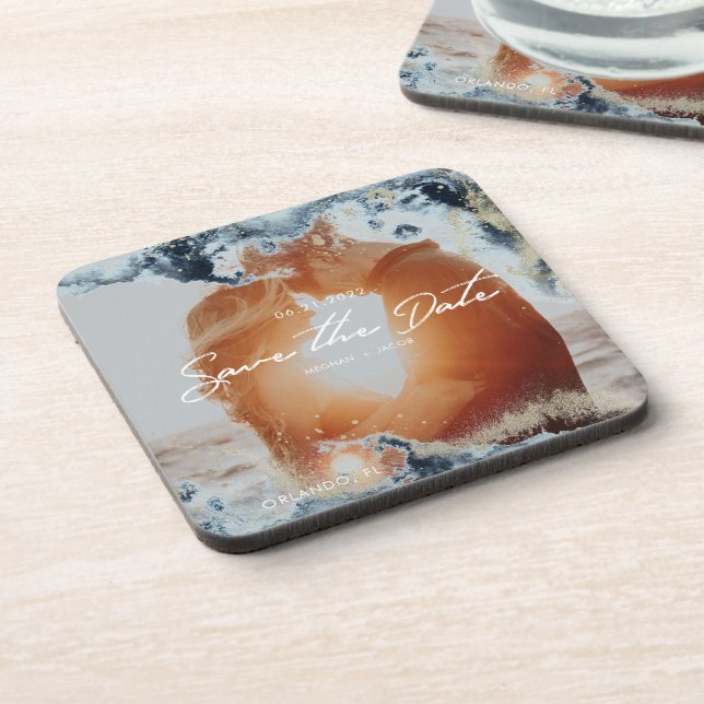 Watercolor Waves Photo Save the Date Coaster (Left Side)