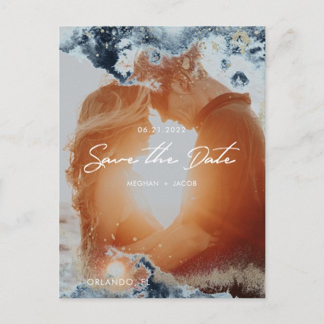 Watercolor Waves Photo Save the Date Postcard (Front)