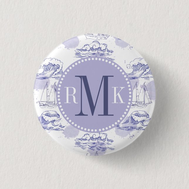 Watercolor Waves & Ships Pattern 1 Inch Round Button (Front)