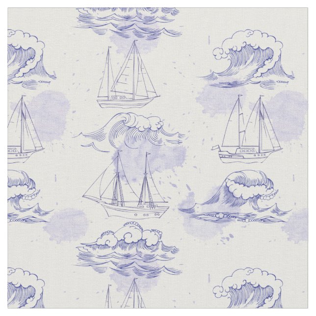 Watercolor Waves & Ships Pattern 2 Fabric (Close Up)