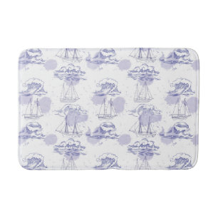Watercolor Waves & Ships Pattern Bath Mat