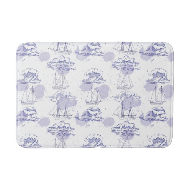 Watercolor Waves & Ships Pattern Bath Mat (Front)