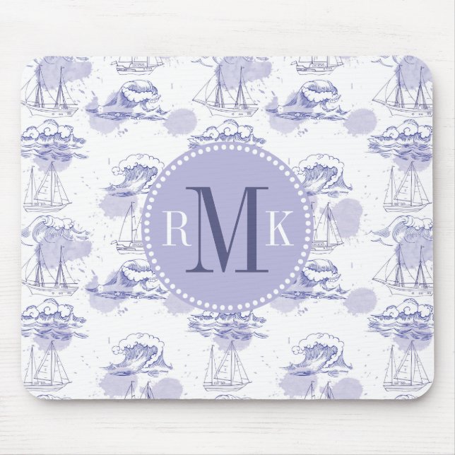 Watercolor Waves & Ships Pattern Mouse Pad (Front)