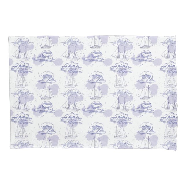 Watercolor Waves & Ships Pattern Pillowcase (Front-Left)