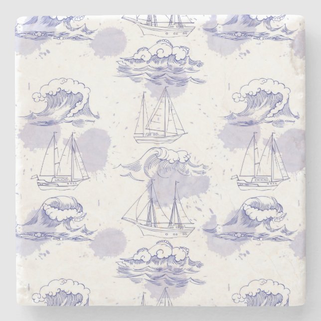 Watercolor Waves & Ships Pattern Stone Coaster (Front)