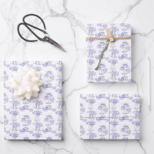 Watercolor Waves & Ships Pattern Wrapping Paper Sheet (Front)