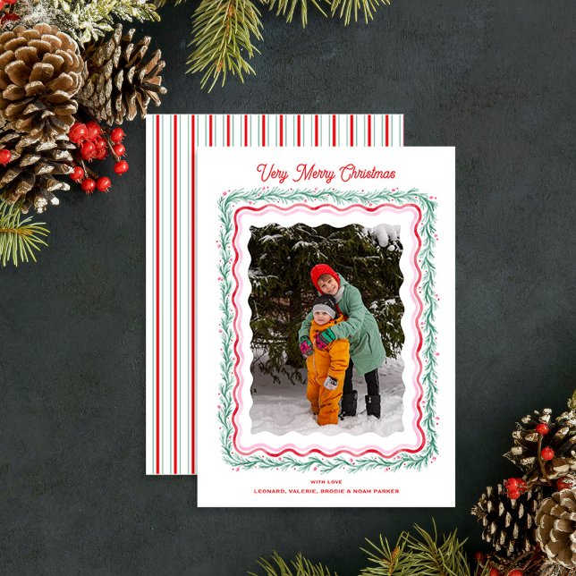Watercolor Wavy Holiday Garland Frame Card (front and back)