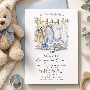 Watercolor We Can Bearly Wait Blue Baby Shower Invitation