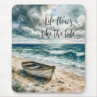 Watercolor Weathered Rowboat on a Coastal Beach Mouse Pad