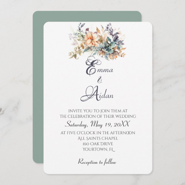 Watercolor Wedding Bouquet On Ivory Invitation (Front/Back)