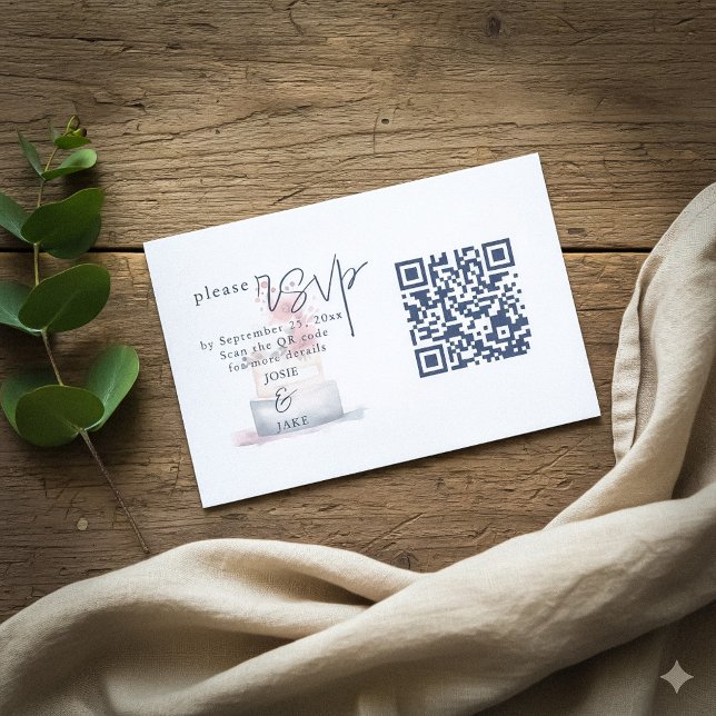 Watercolor wedding cake Illustration QR Code Enclosure Card (Watercolor wedding cake RSVP card with QR code for easy response.)