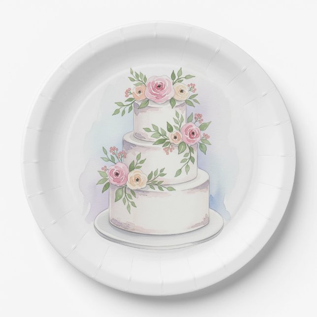 Watercolor Wedding Cake Paper Plates (Front)