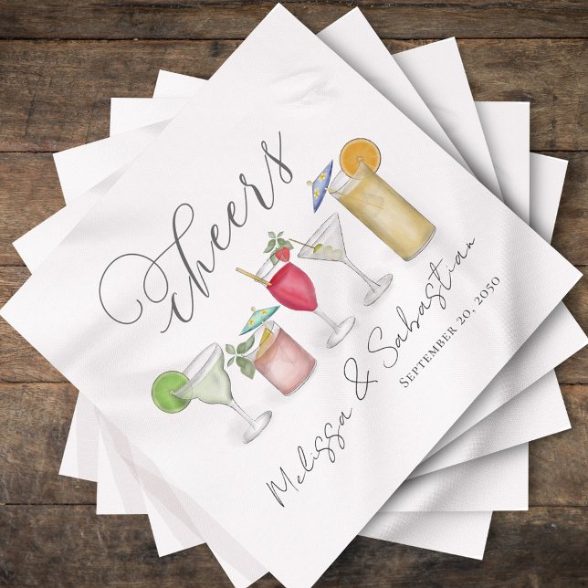 Watercolor Wedding Cocktails Personalized Napkin (Cheers, cute wedding cocktail napkin with cocktails artwork. )