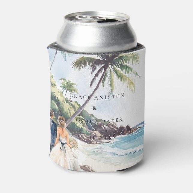 Watercolor Wedding Couple Wedding Can Cooler (Can Back)