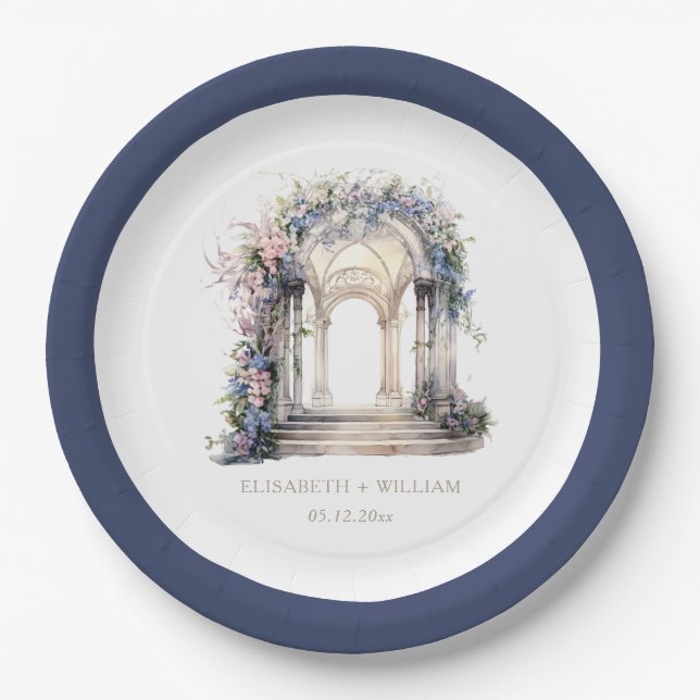 Watercolor Wedding Floral Arch Personalized Paper Plate (Front)