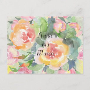 Watercolor wedding flowers , template postcard