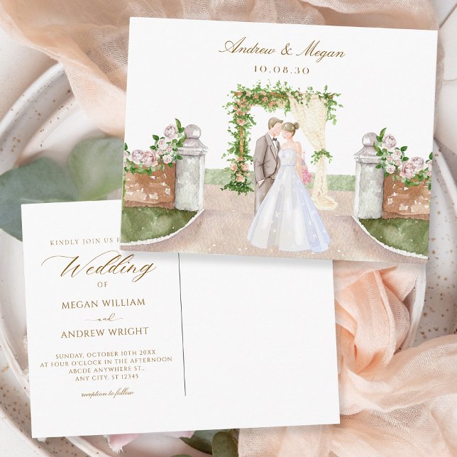 Watercolor wedding garden arch couple art postcard (Creator Uploaded)