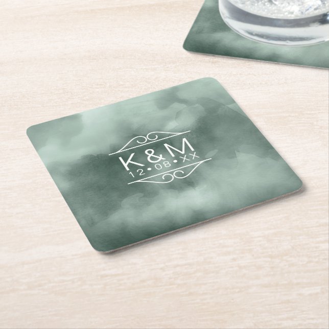Watercolor Wedding Green ID654 Square Paper Coaster (Angled)