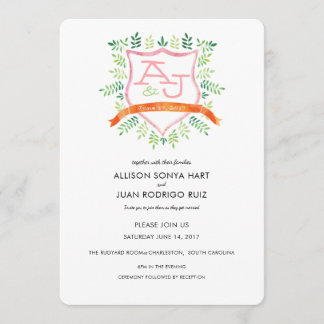 Watercolor Wedding Invitation with Crest Monogram