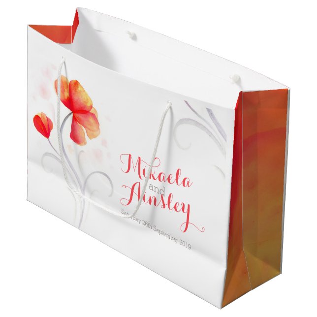 Watercolor wedding orange couples name gift bag (Front Angled)