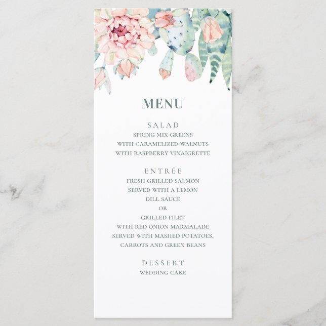 Watercolor wedding succulents. Pink floral cactus Menu (Front)