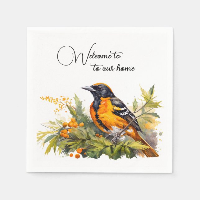 Watercolor Welcome Baltimore Oriole Napkin (Front)