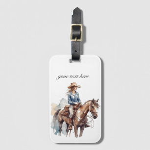 Watercolor Western Brunette Cowgirl, custom Luggage Tag