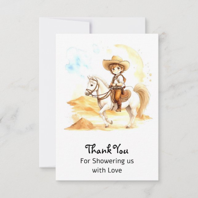 Watercolor Western Cowboy Baby Shower Thank You Card (Front)
