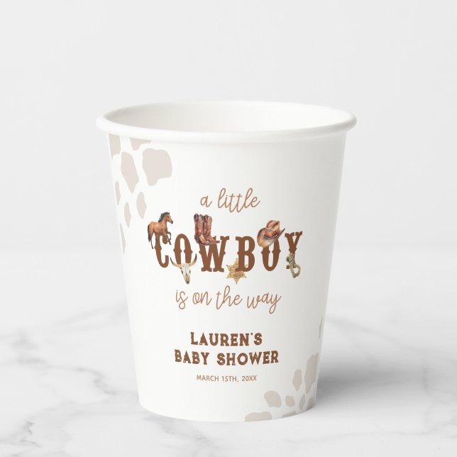 Watercolor Western Little Cowboy Baby Boy Shower Paper Cups (Front)