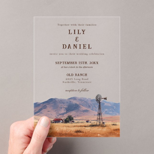 Watercolor Western Mountain Cowboy Ranch Wedding Acrylic Invitations (Insitu (Handheld))