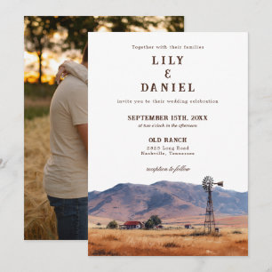 Watercolor Western Mountain Ranch Photo Wedding Invitation
