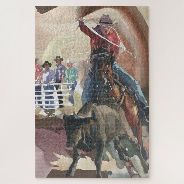 Watercolor Western Rodeo Cowboy Bull Roping Jigsaw Puzzle (Vertical)