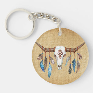 Watercolor Western Skull with Feathers Keychain