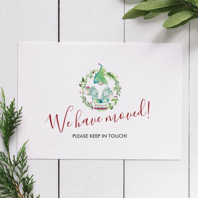Watercolor We've Moved Christmas Gnome Postcard (Gnome Christmas cards moving announcements watercolor art by Victoria Grigaliunas of Do Tell A Belle)