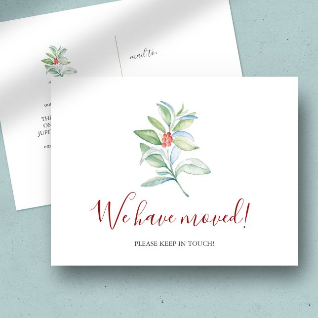 Watercolor We've Moved Christmas Postcard (Christmas new address cards watercolor botanical red & green art by Victoria Grigaliunas )