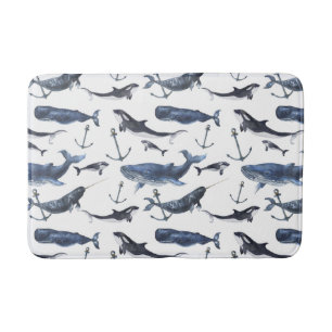 Watercolor Whale & Anchor Pattern Bath Mat