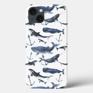Watercolor Whale & Anchor Pattern iPhone 13 Case