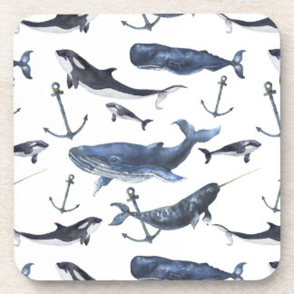Watercolor Whale & Anchor Pattern Coaster